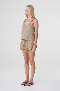 Allie Top in Taupe Check, side view showing the loose silhouette and fine twisted shoulder straps.