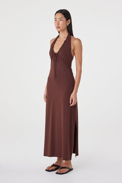 Side view of the Suki Dress in Espresso highlighting the longline shape, soft drape and side split.
