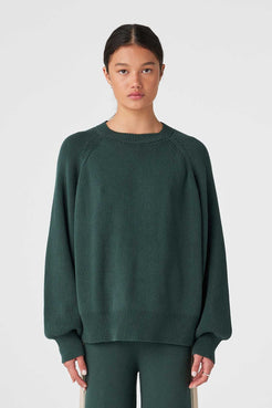Model wearing Forest chunky rib knit sweater with ribbed crew neckline, close fit through body
