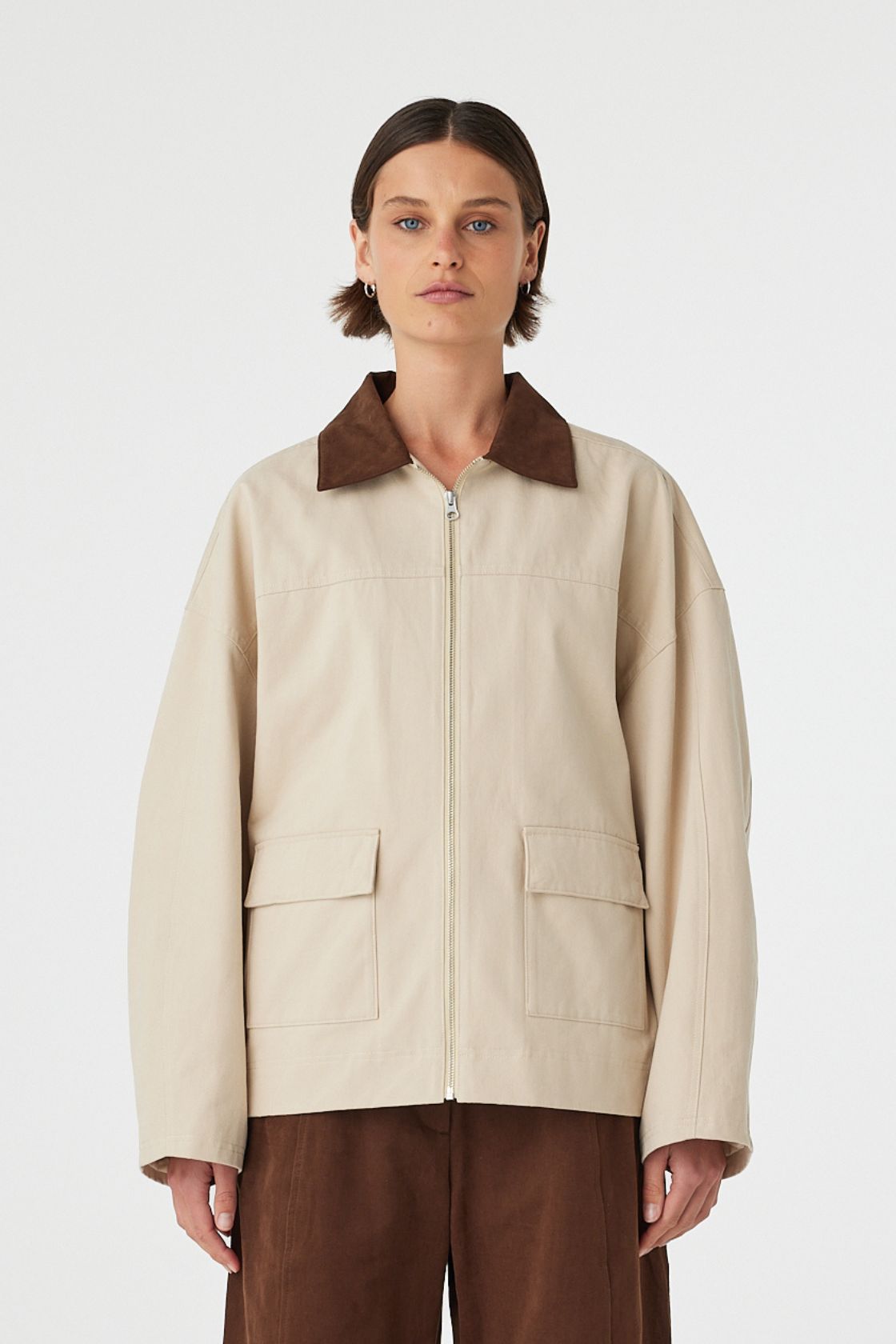 Rory Jacket beige and espresso cotton jacket detail showing front flap pockets and structured fabric