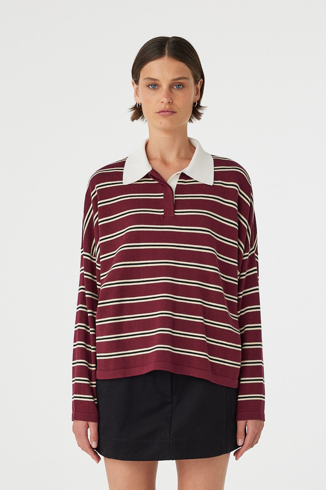 Close up front view of Rayne Knit Jersey merlot stripe, oversized organic cotton striped polo knit with ribbed cuffs.