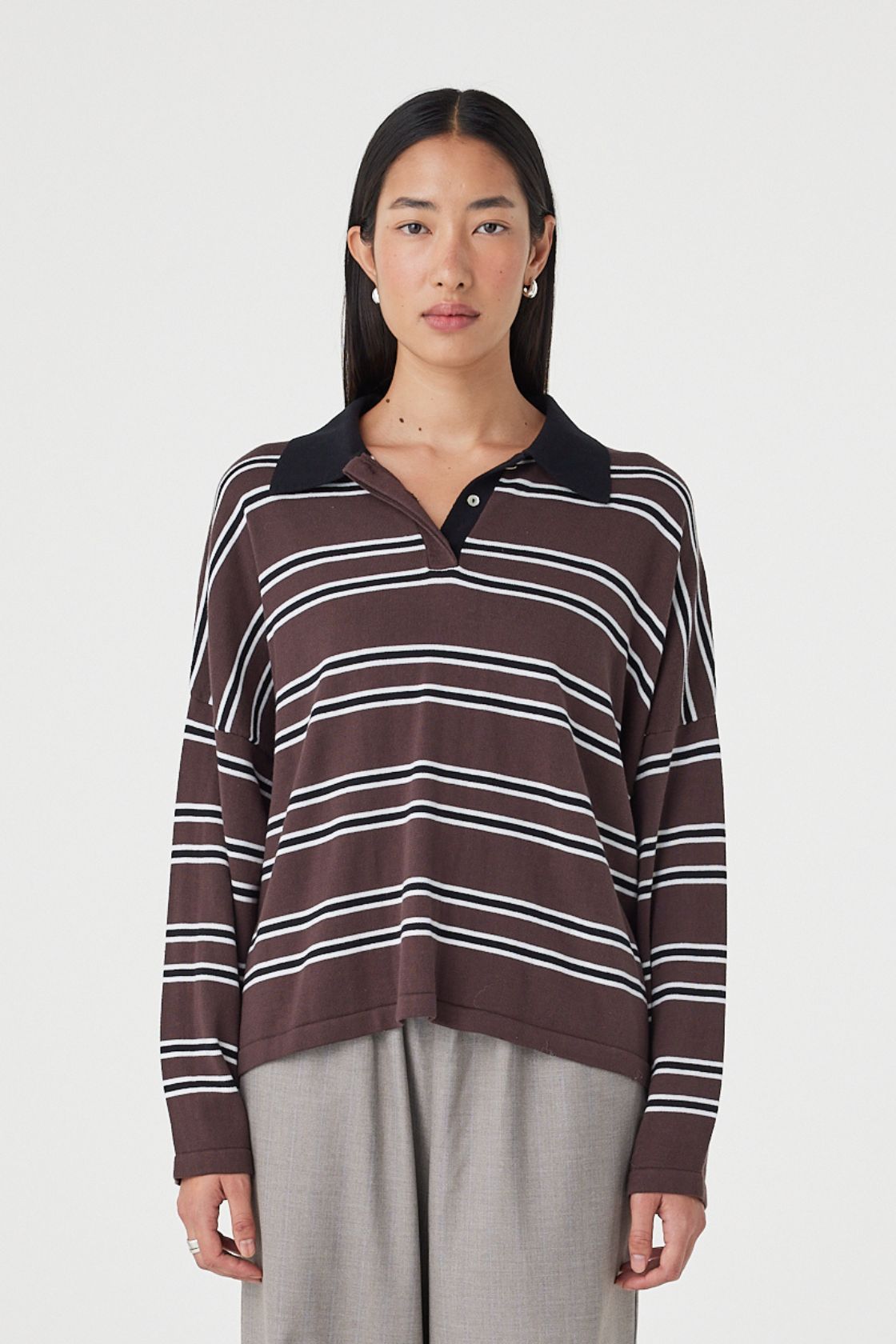 Full-length front view of the Rayne Knit in espresso, black and cream showcasing the relaxed fit, lightweight knit texture and vintage-inspired stripe detailing
