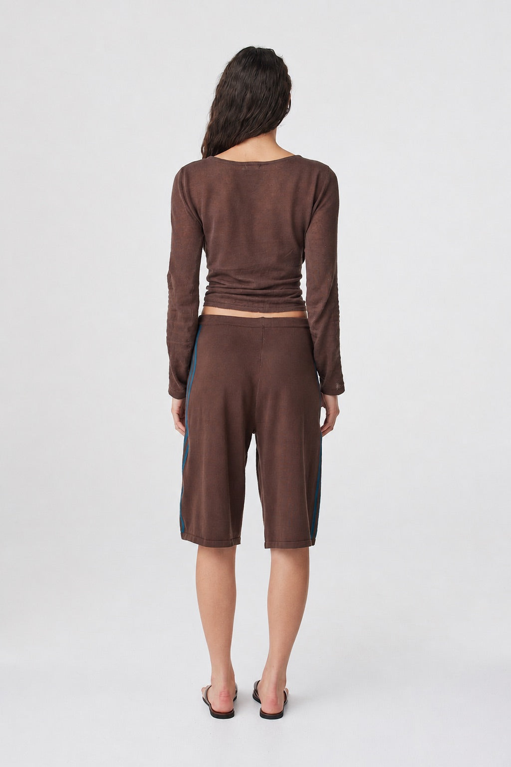Tully Shorts in Espresso & Teal back view showing the elasticated waistband and relaxed knee-length fit.