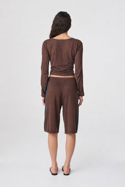 Tully Shorts in Espresso & Teal back view showing the elasticated waistband and relaxed knee-length fit.