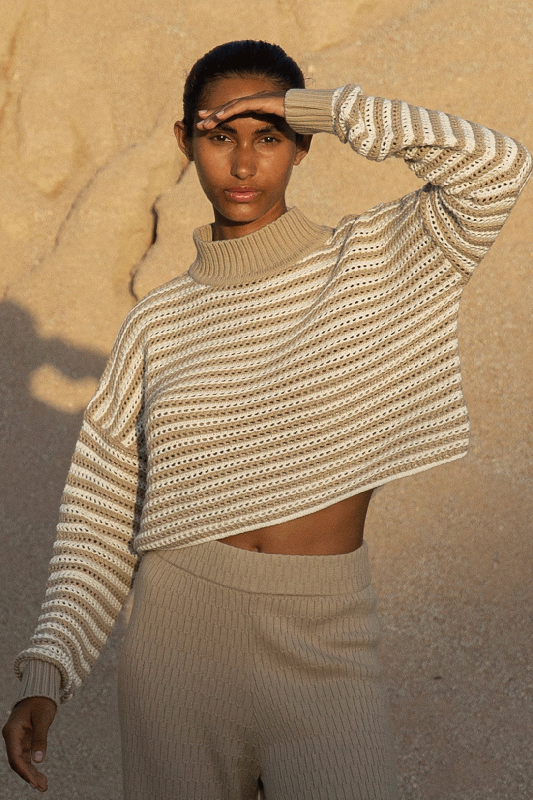 June Cropped Sweater - Cream & Taupe