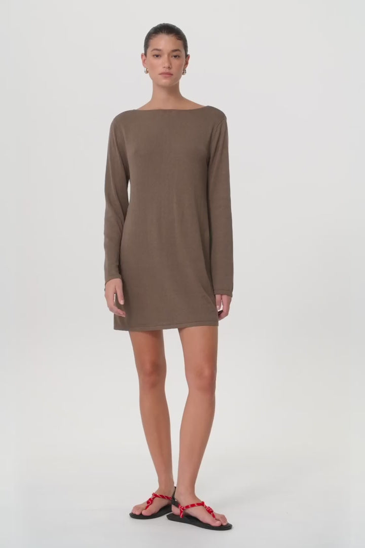 Video Long sleeve reversible dress in cacao showing straight fit and clean lines.