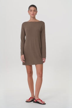 Video Long sleeve reversible dress in cacao showing straight fit and clean lines.