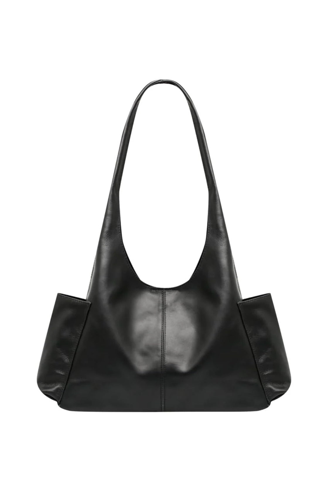 A black leather slouchy shoulder bag with a single strap and structured side flaps, shown against a plain white background.