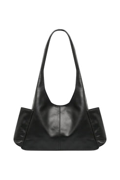 A black leather slouchy shoulder bag with a single strap and structured side flaps, shown against a plain white background.